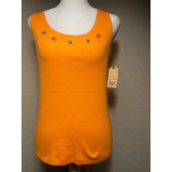 St. John's Bay Tops - St. Johns Bay Orange Ribbed Beaded Sunburst Tank Top Petite Medium NEW
